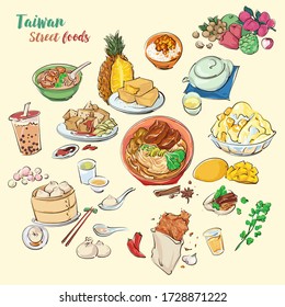 Hand draw Taiwan's street foods illustration. Colorful vector foods decorations. include Bubble Tea, Shaved Ice and Pineapple Cake, Beef Noodles.