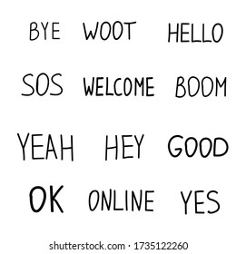Hand draw talk phrases black color. Different words comments information, stock illustration vector isolated on white background