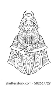 Hand draw of Tarot card character The high Priestess in zentangle style