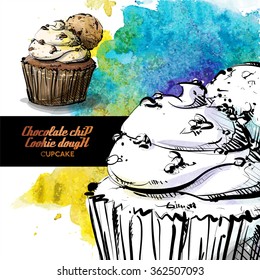 Hand draw of tasty cupcake on a watercolor background.Sketch style. Vector collection.