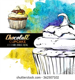 Hand draw of tasty cupcake on a watercolor background.Sketch style. Vector collection.