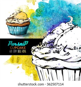 Hand draw of tasty cupcake on a watercolor background.Sketch style. Vector collection.