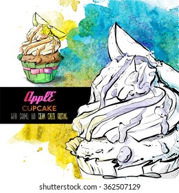 Hand draw of tasty cupcake on a watercolor background.Sketch style. Vector collection.