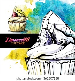 Hand draw of tasty cupcake on a watercolor background.Sketch style. Vector collection.