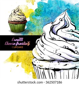 Hand draw of tasty cupcake on a watercolor background.Sketch style. Vector collection.