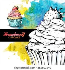 Hand draw of tasty cupcake on a watercolor background.Sketch style. Vector collection.
