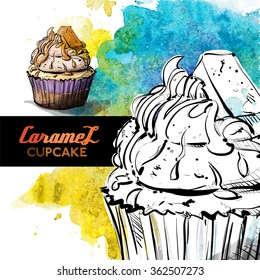 Hand draw of tasty cupcake on a watercolor background.Sketch style. Vector collection.