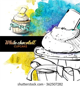 Hand draw of tasty cupcake on a watercolor background.Sketch style. Vector collection.