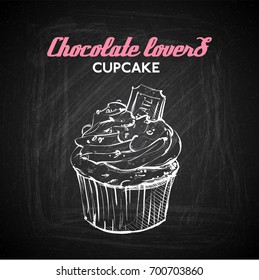 Hand draw of tasty cupcake on a chalkboard. Vector collection.