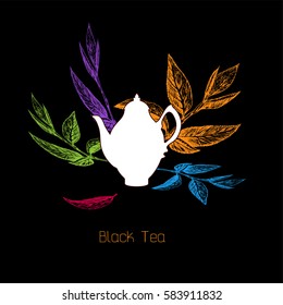 Hand draw tea emblem or label with leaves and teapot.