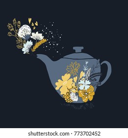 Hand draw tea pot and flowers