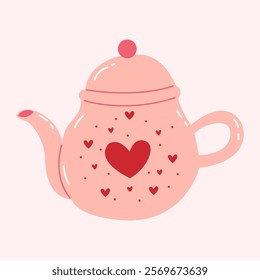 Hand draw teapot illustration with heart. Saint Valentines day vector sticker for collage, poster and card