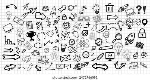 Dibujo a mano tecnología boceto icono doodle set diseño. doodle art negocio dibujado a mano Vector simple. con diagrama de flujo, estadística y elemento de negocio de componentes.