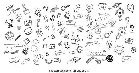 Diseño de conjunto de doodle de icono de boceto de tecnología de dibujo a mano