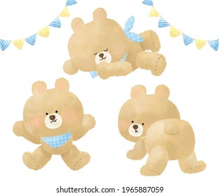 Hand draw Teddy Bear is happy, cheerful, and sleep with blue and yellow tag, in watercolor style.
