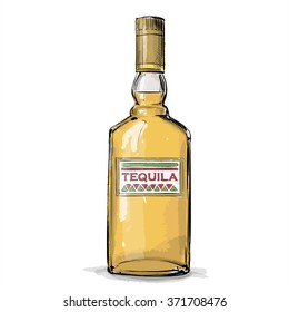 Hand Draw Of Tequila Bottle. Vector Illustration.