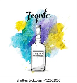 Hand draw of tequila bottle. Vector illustration.