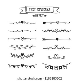 Hand draw text divider set. Heart with lines elements.