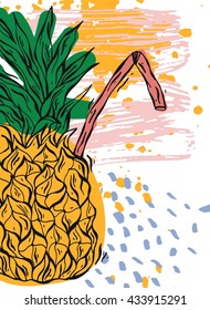 Hand draw texture card.Vector colored abstract illustration of artistic pineapple cocktail with tubules.Texture for detox and fruit smoothie store,milkshake shop, sale,cocktail bar and summer party.