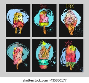 Hand draw textured ice cream card template set.Vector design collection cards isolated on black.Design for ice cream cafe,ice cream store,birthday,ice cream poster,sale,party,greeting,innovation,web.