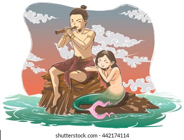 Hand draw Thai's fairy tale in Romantic Scene.  The Story of Phra Abhai Mani. Playing pipe with his Mermaid wife. A World Poet and the Best Beloved Bard of Thailand.