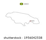 Hand draw thin black line vector of Jamaica Map with capital city Kingston on white background.