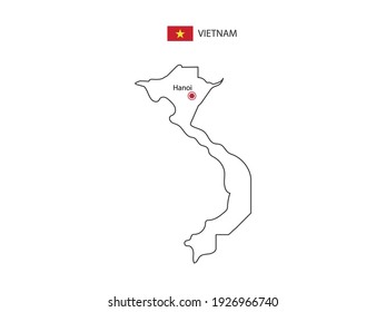 Hand draw thin black line vector of  Vietnam Map with capital city Hanoi on white background.