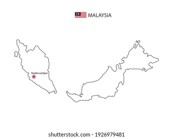 Hand draw thin black line vector of Malaysia Map with capital city Kuala Lumpur on white background.