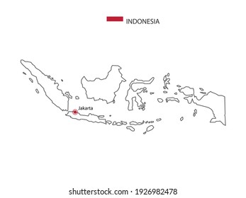 Dibujar a mano el delgado vector de línea negra del Mapa de Indonesia con la ciudad capital Yakarta sobre fondo blanco.