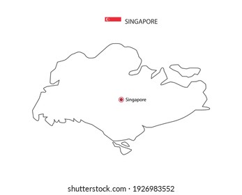 Hand draw thin black line vector of Singapore Map with capital city Singapore on white background.