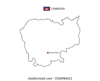 Hand draw thin black line vector of Cambodia Map with capital city Phnom Penh on white background.