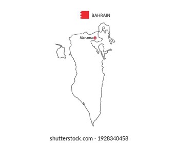 Hand draw thin black line vector of Bahrain Map with capital city Manama on white background.