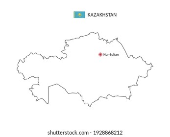 Dibujar a mano el delgado vector de línea negra del mapa de Kazajistán con la capital Nur-Sultan sobre fondo blanco.