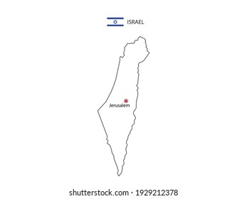 Hand draw thin black line vector of Israel Map with capital city Jerusalem on white background.