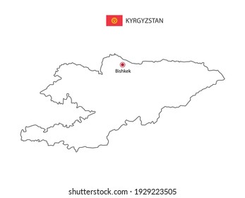 Hand zeichnen Sie dünne schwarze Linie Vektor von Kirgisistan Karte mit der Hauptstadt Bischkek auf weißem Hintergrund.