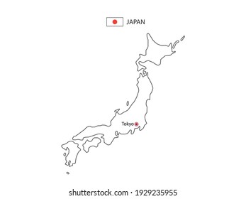 Hand draw thin black line vector of Japan Map with capital city Tokyo on white background.