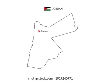 Dibujar a mano delgado vector de línea negra del mapa de Jordania con la ciudad capital Ammán sobre fondo blanco.