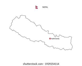 Hand draw thin black line vector of Nepal Map with capital city Kathmandu on white background.