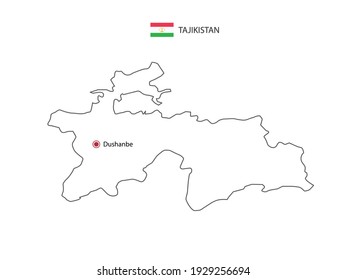 Dibujar a mano el delgado vector de línea negra del mapa de Tayikistán con la capital Dusambé sobre fondo blanco.
