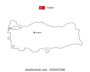 Hand draw thin black line vector of Turkey Map with capital city Ankara on white background.