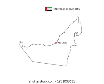 Dibujar a mano delgado vector de línea negra del mapa de los Emiratos Árabes Unidos con la capital Abu Dhabi sobre fondo blanco.