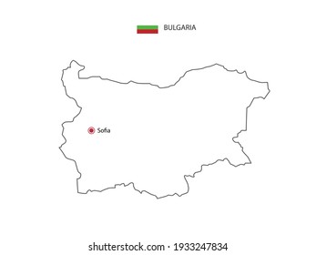 Dibujar a mano delgado vector de línea negra del mapa de Bulgaria con la ciudad capital Sofía sobre fondo blanco.