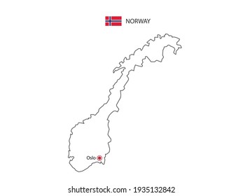 Hand draw thin black line vector of Norway Map with capital city Oslo on white background.