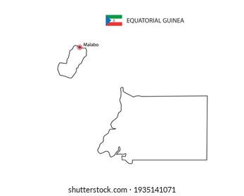 Dibujar a mano el delgado vector de línea negra del Mapa de Guinea Ecuatorial con la capital Malabo sobre fondo blanco.