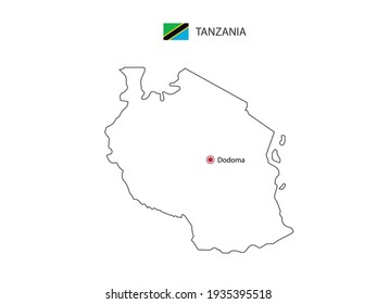 Hand zeichnen Sie dünne schwarze Linie Vektor von Tansania Karte mit der Hauptstadt Dodoma auf weißem Hintergrund.