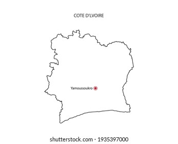 Hand draw thin black line vector of Cote d'Ivoire Map with capital city Yamoussoukro on white background.