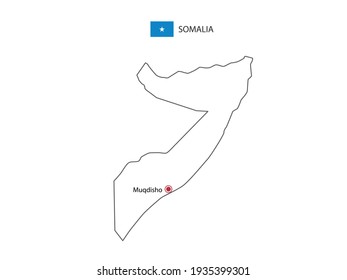 Hand draw thin black line vector of Somalia Map with capital city Mogadishu on white background.