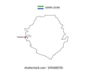 Hand zeichnen Sie dünne schwarze Linie Vektor der Sierra Leone Karte mit der Hauptstadt Freetown auf weißem Hintergrund.