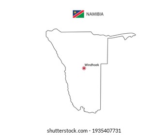 Hand zeichnen Sie dünne schwarze Linie Vektorgrafik von Namibia Karte mit der Hauptstadt Windhoek auf weißem Hintergrund.