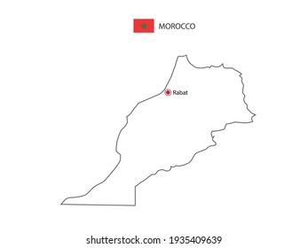 Hand draw thin black line vector of Morocco Map with capital city Rabat on white background.